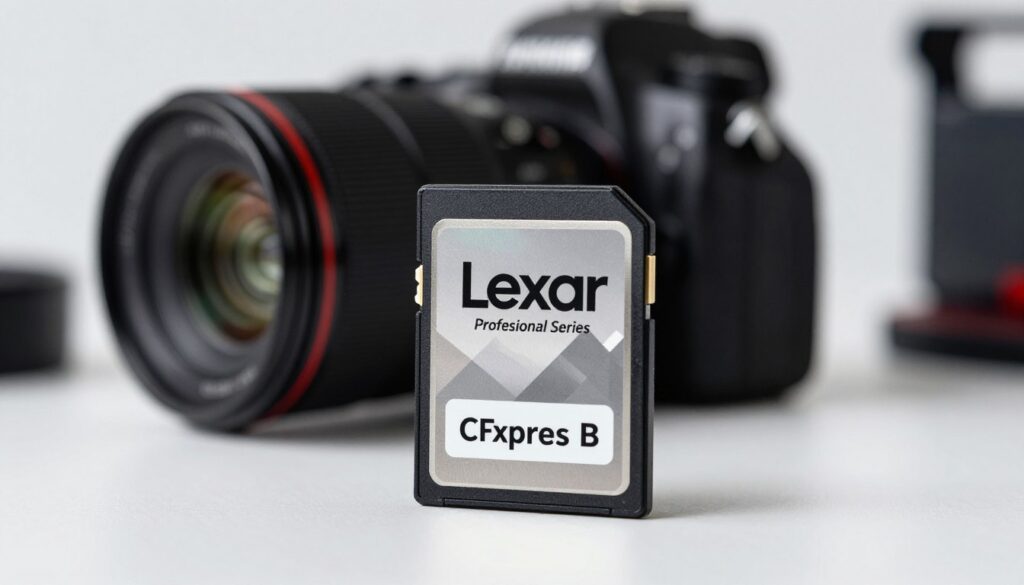 A Lexar Professional Diamond Series CFexpress Type B card, prominently displayed in the foreground, showcasing its sleek, metallic design with a diamond pattern and official logo. The card should be oriented diagonally to highlight its dimensions and features, with a shallow depth of field creating a blurred effect. In the middle ground, a professional camera setup—with a blurred camera body and lens—hints at its high-performance capabilities for pro video and burst photography. The background features a softly lit studio environment, with subtle hints of other photography gear blurred out, suggesting a creative workspace. The lighting should be bright yet soft, casting gentle reflections on the card's surface, creating a mood of professionalism and innovation. The overall atmosphere should inspire confidence in the product's quality and performance. A Lexar Professional Diamond Series CFexpress Type B card, prominently displayed in the foreground, showcasing its sleek, metallic design with a diamond pattern and official logo. The card should be oriented diagonally to highlight its dimensions and features, with a shallow depth of field creating a blurred effect. In the middle ground, a professional camera setup—with a blurred camera body and lens—hints at its high-performance capabilities for pro video and burst photography. The background features a softly lit studio environment, with subtle hints of other photography gear blurred out, suggesting a creative workspace. The lighting should be bright yet soft, casting gentle reflections on the card's surface, creating a mood of professionalism and innovation. The overall atmosphere should inspire confidence in the product's quality and performance.