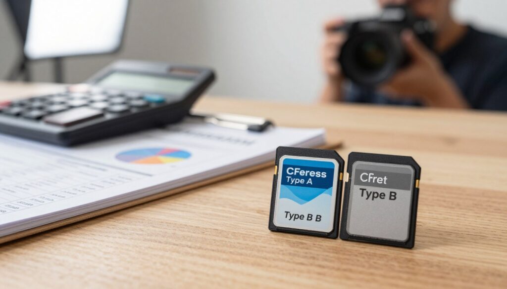 A close-up comparison of CFexpress Type A and Type B memory cards laid out on a sleek wooden table, showcasing their differences in size, design, and labels. In the foreground, the cards are prominently displayed, illuminated by soft, natural lighting to highlight their textures and details. In the middle ground, a blurred calculator and a notepad with a detailed cost analysis, featuring charts and numbers, create a sense of context. The background includes a subtle out-of-focus blurred image of a professional photographer adjusting their camera gear in a well-lit studio space. The overall mood is analytical and professional, inviting viewers to consider the financial implications of their choices in storage solutions. A close-up comparison of CFexpress Type A and Type B memory cards laid out on a sleek wooden table, showcasing their differences in size, design, and labels. In the foreground, the cards are prominently displayed, illuminated by soft, natural lighting to highlight their textures and details. In the middle ground, a blurred calculator and a notepad with a detailed cost analysis, featuring charts and numbers, create a sense of context. The background includes a subtle out-of-focus blurred image of a professional photographer adjusting their camera gear in a well-lit studio space. The overall mood is analytical and professional, inviting viewers to consider the financial implications of their choices in storage solutions.
