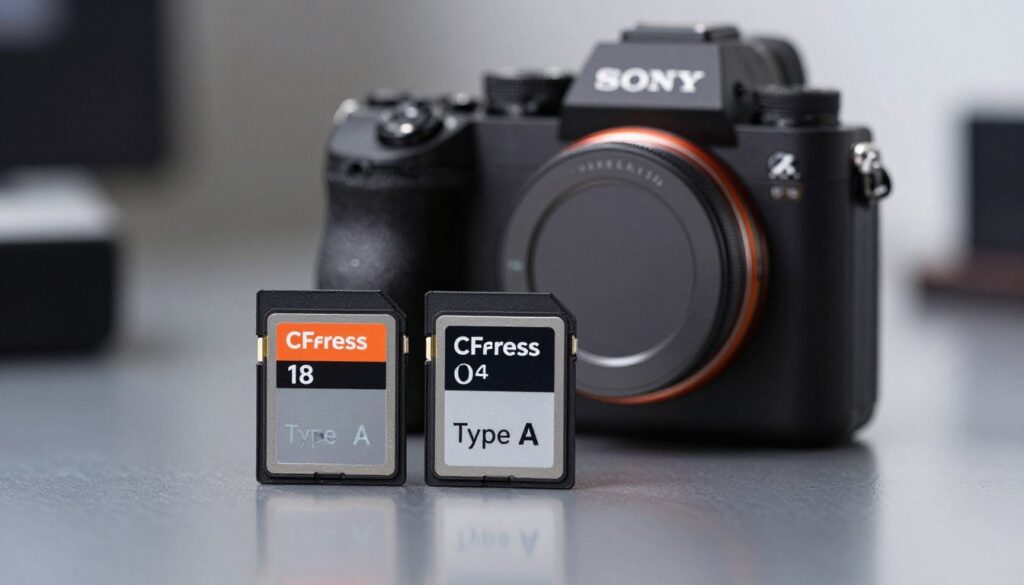 A close-up comparison of CFexpress Type A cards specifically designed for Sony Alpha cameras, prominently featuring a Sony A1 camera in the foreground with a stylish, modern backdrop. The focus is on the cards displayed side by side on a sleek, reflective surface, showcasing their unique designs and labels, with details like card dimensions and branding clearly visible. In the middle ground, include the Sony A1 camera angled to highlight its features, with soft, dramatic lighting that highlights the intricacy of its design. The background should be softly blurred to emphasize the products, with a tech-themed color palette of blacks and silvers. The overall mood is professional and polished, suitable for a technological analysis. A close-up comparison of CFexpress Type A cards specifically designed for Sony Alpha cameras, prominently featuring a Sony A1 camera in the foreground with a stylish, modern backdrop. The focus is on the cards displayed side by side on a sleek, reflective surface, showcasing their unique designs and labels, with details like card dimensions and branding clearly visible. In the middle ground, include the Sony A1 camera angled to highlight its features, with soft, dramatic lighting that highlights the intricacy of its design. The background should be softly blurred to emphasize the products, with a tech-themed color palette of blacks and silvers. The overall mood is professional and polished, suitable for a technological analysis.