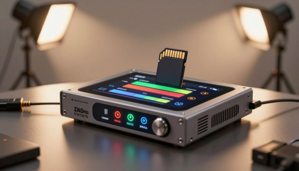 A close-up image of a high-tech battery management system designed for memory cards, showcased prominently in the foreground. The device features a sleek, modern interface with colorful indicators displaying battery levels and power status. The middle layer includes a memory card inserted into the unit, highlighting its connectivity. In the background, a softly blurred photography studio setting is depicted, with lights and cameras set up, suggesting a professional shoot environment. The lighting is warm and inviting, creating a sense of urgency yet professionalism. The overall mood conveys efficiency and preparedness, ideal for photographers aiming to avoid errors during their shoots, with an emphasis on technology and device functionality.