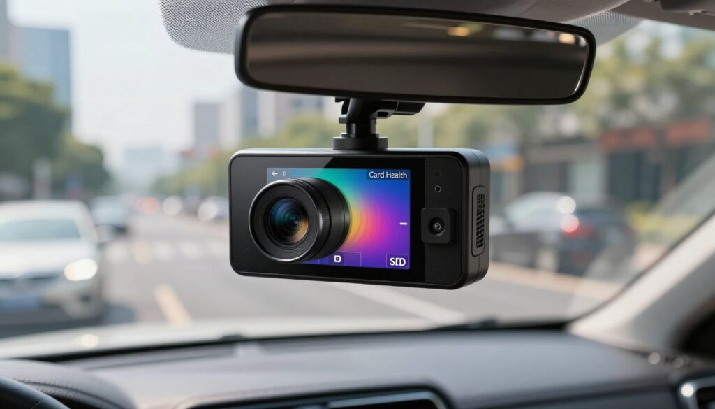 A close-up of a high-quality dash cam mounted on the windshield of a car, displaying a vibrant interface showing "Card Health" metrics. In the foreground, the camera lens glints in natural sunlight, showcasing its sleek design. The middle section features the car dashboard with visible SD card slots and monitoring tools, emphasizing optimal placement for tech use. The background softly fades into a blurred cityscape, suggesting active driving while maintaining a focused technical atmosphere. Soft, natural lighting illuminates the scene, creating a professional and informative mood. The angle captures the essence of car safety technology, highlighting the importance of dash cams in modern vehicles without any distractions.