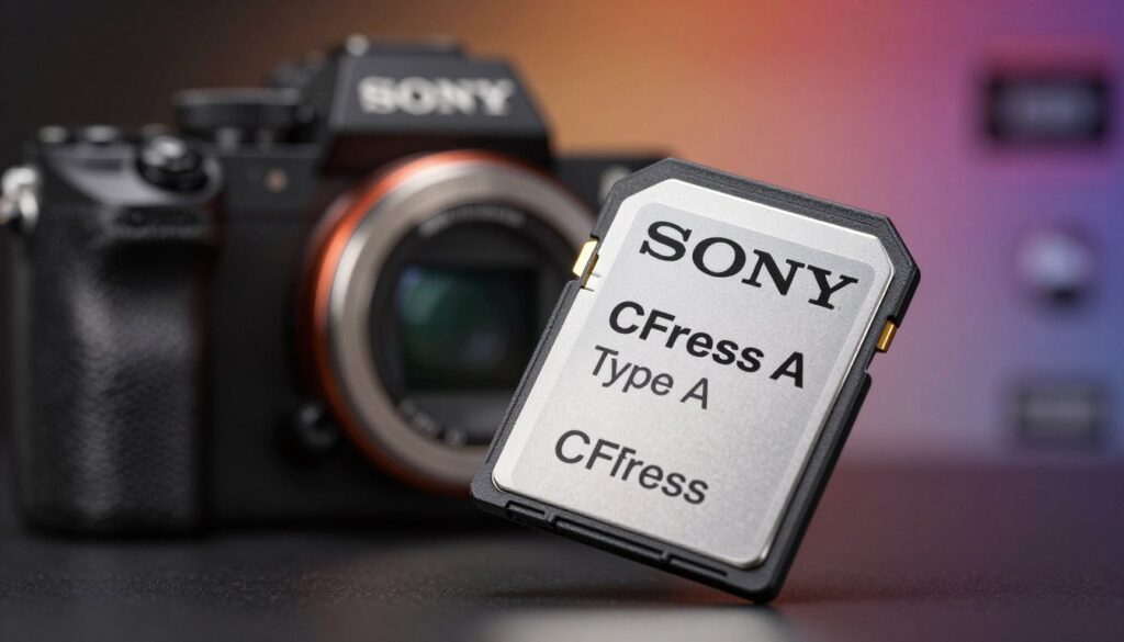 A close-up shot of a Sony Alpha CFexpress Type A memory card, prominently displayed in the foreground, featuring its sleek design and intricate details on the surface, such as the brand logo and serial numbers. The middle ground showcases a blurred Sony Alpha camera body, elegantly positioned to highlight the compatibility with the CFexpress card. In the background, a soft-focus gradient of subtle electronics-themed visuals, symbolizing innovation and speed, creates an engaging atmosphere. The lighting is bright and focused, enhancing the metallic sheen of the memory card, while soft shadows provide depth. The angle is slightly tilted upwards, inviting viewers to appreciate the advanced technology of the CFexpress Type A, evoking a sense of excitement around this new standard in speed. A close-up shot of a Sony Alpha CFexpress Type A memory card, prominently displayed in the foreground, featuring its sleek design and intricate details on the surface, such as the brand logo and serial numbers. The middle ground showcases a blurred Sony Alpha camera body, elegantly positioned to highlight the compatibility with the CFexpress card. In the background, a soft-focus gradient of subtle electronics-themed visuals, symbolizing innovation and speed, creates an engaging atmosphere. The lighting is bright and focused, enhancing the metallic sheen of the memory card, while soft shadows provide depth. The angle is slightly tilted upwards, inviting viewers to appreciate the advanced technology of the CFexpress Type A, evoking a sense of excitement around this new standard in speed.