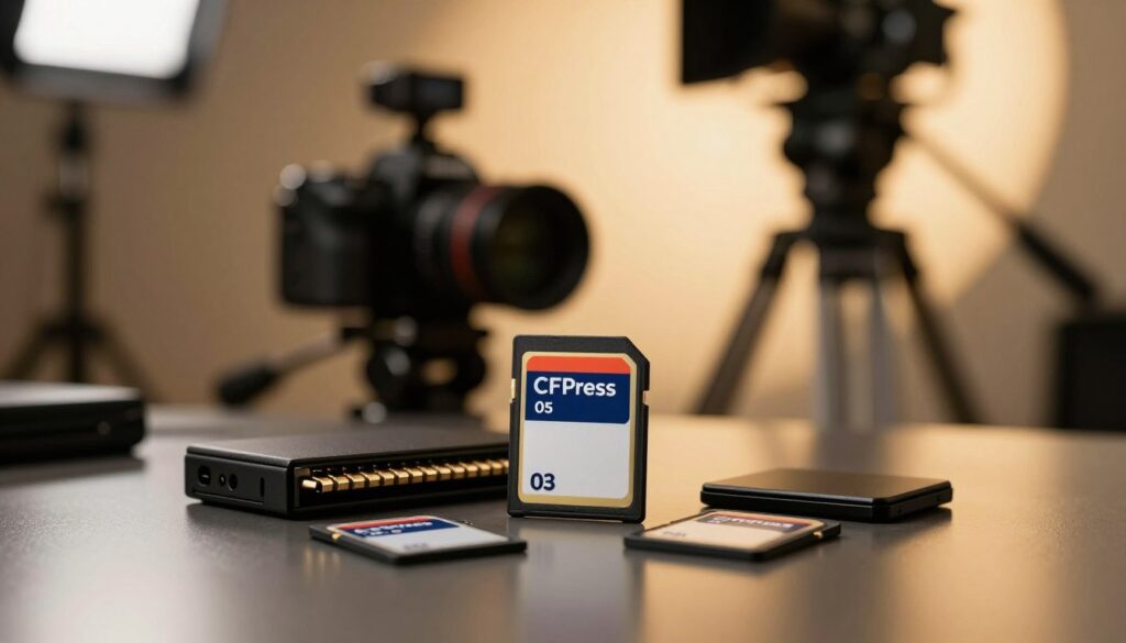 A close-up shot of high-bitrate video production memory cards, including a sleek SD card and a CFexpress card, arranged on a smooth, reflective surface to showcase their modern designs. The foreground features the cards and a small card reader, with intricate details highlighting their quality and specifications. In the middle, a softly blurred camera and tripod are placed to indicate a professional filming setup, with warm, golden lighting that creates an inviting atmosphere. The background is a softly out-of-focus studio environment with shadows of film production equipment, evoking a sense of high-end video production. The overall mood is tech-savvy and professional, emphasizing the importance of reliable storage in high-bitrate workflows.