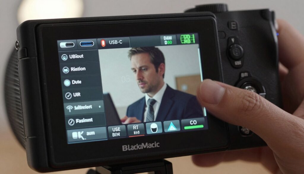 A close-up view of a Blackmagic camera interface showcasing USB-C recording settings on a sleek, modern screen. The foreground features a detailed display with various optimized recording options highlighted, such as resolution, bitrate, and recording format. The middle layer includes a professional in business attire, intently adjusting the settings, with a focus on their hands manipulating the camera controls, suggesting professionalism and expertise. The background hints at a well-lit studio environment with soft, diffused lighting creating a calm yet focused atmosphere. The image should evoke a sense of technical precision and creativity, ideal for a professional setting, emphasizing the importance of optimizing recording settings for high-quality film production.