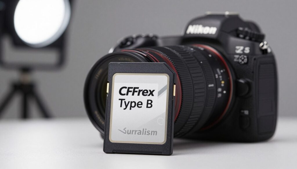 A close-up view of a CFexpress Type B card, prominently displayed in the foreground, showcasing its sleek design and metallic finish. The card should be oriented to highlight its detail, including the brand logo and technical specifications. In the middle ground, incorporate a modern digital camera, such as a Nikon Z9 or Canon R5, placed at an angle to suggest an active workflow. The background should feature a softly blurred camera setup with studio lighting that creates a professional ambiance, emphasizing the seamless integration of high-speed storage into cutting-edge photography. The overall mood is focused and high-tech, suitable for professional videographers and photographers. The lighting should be bright yet soft, illuminating the card and camera effectively. A close-up view of a CFexpress Type B card, prominently displayed in the foreground, showcasing its sleek design and metallic finish. The card should be oriented to highlight its detail, including the brand logo and technical specifications. In the middle ground, incorporate a modern digital camera, such as a Nikon Z9 or Canon R5, placed at an angle to suggest an active workflow. The background should feature a softly blurred camera setup with studio lighting that creates a professional ambiance, emphasizing the seamless integration of high-speed storage into cutting-edge photography. The overall mood is focused and high-tech, suitable for professional videographers and photographers. The lighting should be bright yet soft, illuminating the card and camera effectively.