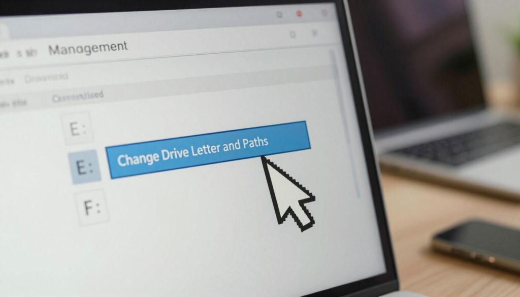 A close-up view of a computer screen displaying the Disk Management interface, showcasing the process of assigning a new drive letter. In the foreground, the cursor is hovering over the 'Change Drive Letter and Paths' option, highlighted for emphasis. The middle layers include a clear visual of the drive options, such as "E:" and "F:", with one of them being selected, indicating a new assignment. In the background, a blurred out, modern workspace setting with a laptop and office supplies creates a professional atmosphere. Soft, diffused lighting enhances the focus on the screen, with subtle reflections adding depth. The scene conveys a mood of troubleshooting and resolution, ideal for illustrating a technical guide. A close-up view of a computer screen displaying the Disk Management interface, showcasing the process of assigning a new drive letter. In the foreground, the cursor is hovering over the 'Change Drive Letter and Paths' option, highlighted for emphasis. The middle layers include a clear visual of the drive options, such as "E:" and "F:", with one of them being selected, indicating a new assignment. In the background, a blurred out, modern workspace setting with a laptop and office supplies creates a professional atmosphere. Soft, diffused lighting enhances the focus on the screen, with subtle reflections adding depth. The scene conveys a mood of troubleshooting and resolution, ideal for illustrating a technical guide.