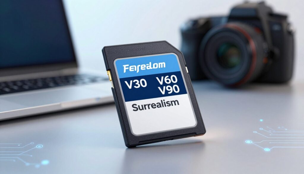 A close-up view of a high-speed SD card prominently displayed in the foreground, showcasing its sleek design and branded label with speed class indicators like V30, V60, and V90. The card is slightly angled to capture light reflections and details, emphasizing its modern aesthetic. In the middle ground, a blurred out laptop and camera are visible, hinting at the technology it enhances, symbolizing connectivity in the digital world. The background contains soft-focus elements of a workspace with subtle hints of circuit patterns, suggesting innovation and speed. The lighting is bright and dynamic, creating a futuristic atmosphere while keeping the overall tone professional and informative. The angle of the shot is slightly elevated, inviting viewers to engage with the image while maintaining clarity. A close-up view of a high-speed SD card prominently displayed in the foreground, showcasing its sleek design and branded label with speed class indicators like V30, V60, and V90. The card is slightly angled to capture light reflections and details, emphasizing its modern aesthetic. In the middle ground, a blurred out laptop and camera are visible, hinting at the technology it enhances, symbolizing connectivity in the digital world. The background contains soft-focus elements of a workspace with subtle hints of circuit patterns, suggesting innovation and speed. The lighting is bright and dynamic, creating a futuristic atmosphere while keeping the overall tone professional and informative. The angle of the shot is slightly elevated, inviting viewers to engage with the image while maintaining clarity.