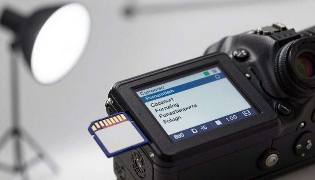 A close-up view of a memory card being formatted on a digital camera screen. In the foreground, show the memory card inserted into the camera, with a clear, vivid display indicating the formatting process. The middle ground should feature the camera body and controls, with focused details on buttons and dials. In the background, softly blurred to emphasize the action, there could be a well-lit photography studio with softbox lighting creating a professional atmosphere. Use a slightly high angle to capture the screen's details and provide a sense of perspective. The lighting should be bright yet soft, evoking a sense of clarity and purpose. The overall mood should be calm and focused, symbolizing organization and readiness for a successful shoot.