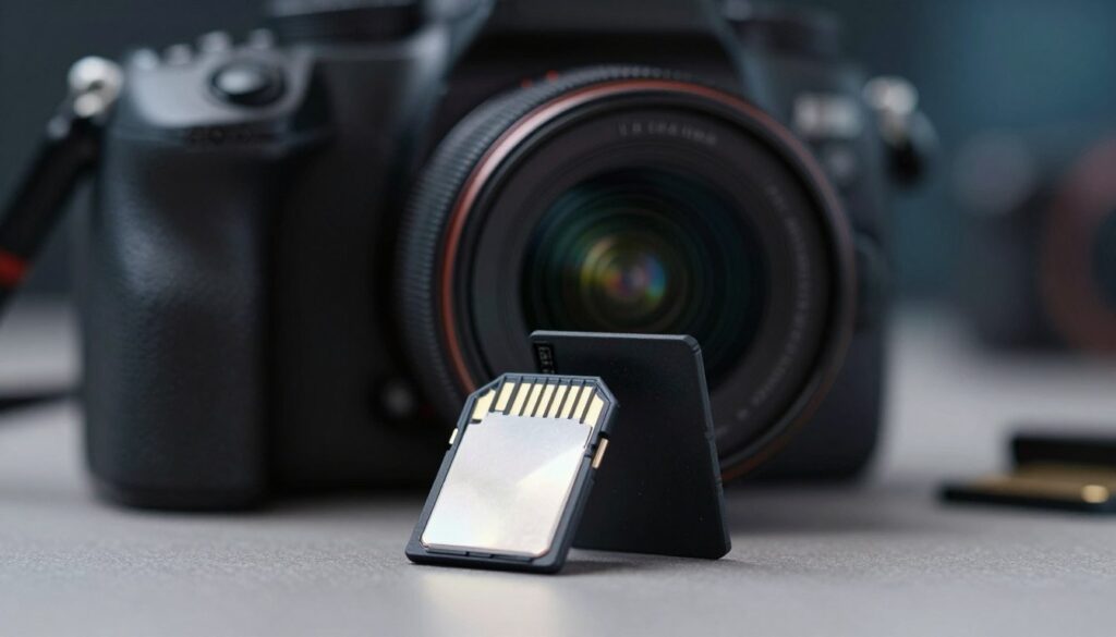 A close-up view of a micro SD card inserted into a high-quality memory card adapter, showcasing the reliability and precision of the connection. In the foreground, a well-lit, shiny adapter glimmers under soft studio lighting, with intricate details highlighting its durability. The middle ground features a professional camera body, slightly blurred, demonstrating the adapter in use. In the background, an artistic bokeh effect hints at various photography equipment, creating a tech-savvy atmosphere. The overall mood is one of trust and professionalism, emphasizing a safe and efficient usage scenario. The image should be captured from a low-angle perspective, using a shallow depth of field to focus on the adapter and micro SD card, ensuring a clean, modern feel without any distractions. A close-up view of a micro SD card inserted into a high-quality memory card adapter, showcasing the reliability and precision of the connection. In the foreground, a well-lit, shiny adapter glimmers under soft studio lighting, with intricate details highlighting its durability. The middle ground features a professional camera body, slightly blurred, demonstrating the adapter in use. In the background, an artistic bokeh effect hints at various photography equipment, creating a tech-savvy atmosphere. The overall mood is one of trust and professionalism, emphasizing a safe and efficient usage scenario. The image should be captured from a low-angle perspective, using a shallow depth of field to focus on the adapter and micro SD card, ensuring a clean, modern feel without any distractions.