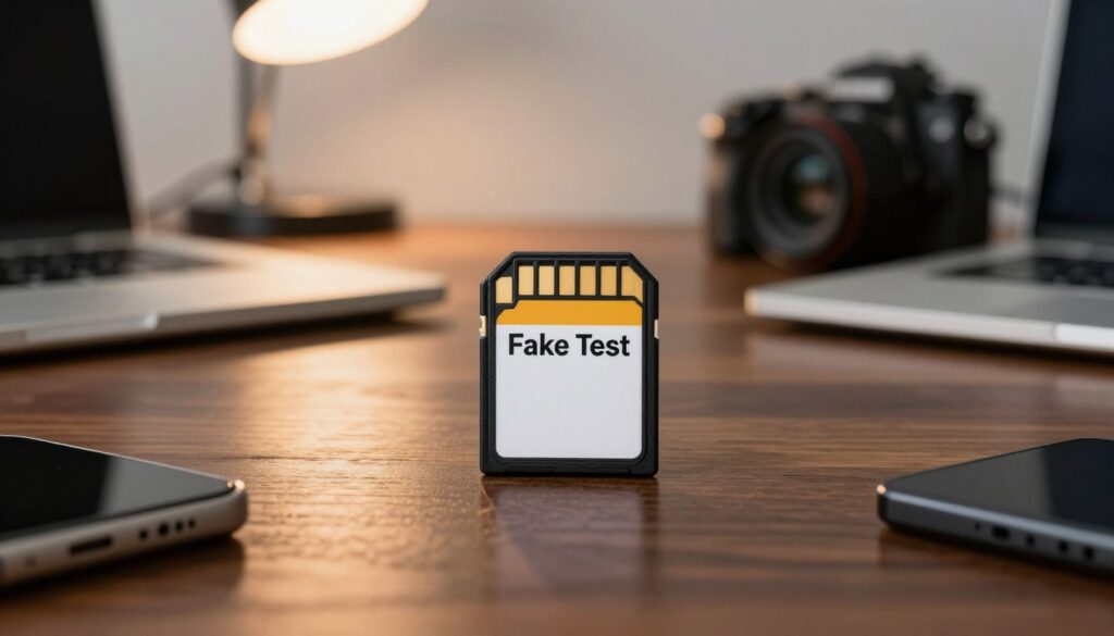 A close-up view of a modern SD card lying on a sleek, dark wooden table, surrounded by various electronic devices like a laptop and a camera, indicating a tech-savvy environment. In the background, a faint blur of a workspace with a bright desk lamp casting warm, inviting light, creating an organized atmosphere. The SD card itself should be prominently displayed, showcasing a clear label that reads "Fake Test" for emphasis. Subtle reflections of the light on the card's surface enhance its texture. The image should evoke a sense of caution and professionalism, suggesting the importance of verifying tech equipment. Use a shallow depth of field to accentuate the SD card in focus, keeping the background soft and unobtrusive. A close-up view of a modern SD card lying on a sleek, dark wooden table, surrounded by various electronic devices like a laptop and a camera, indicating a tech-savvy environment. In the background, a faint blur of a workspace with a bright desk lamp casting warm, inviting light, creating an organized atmosphere. The SD card itself should be prominently displayed, showcasing a clear label that reads "Fake Test" for emphasis. Subtle reflections of the light on the card's surface enhance its texture. The image should evoke a sense of caution and professionalism, suggesting the importance of verifying tech equipment. Use a shallow depth of field to accentuate the SD card in focus, keeping the background soft and unobtrusive.