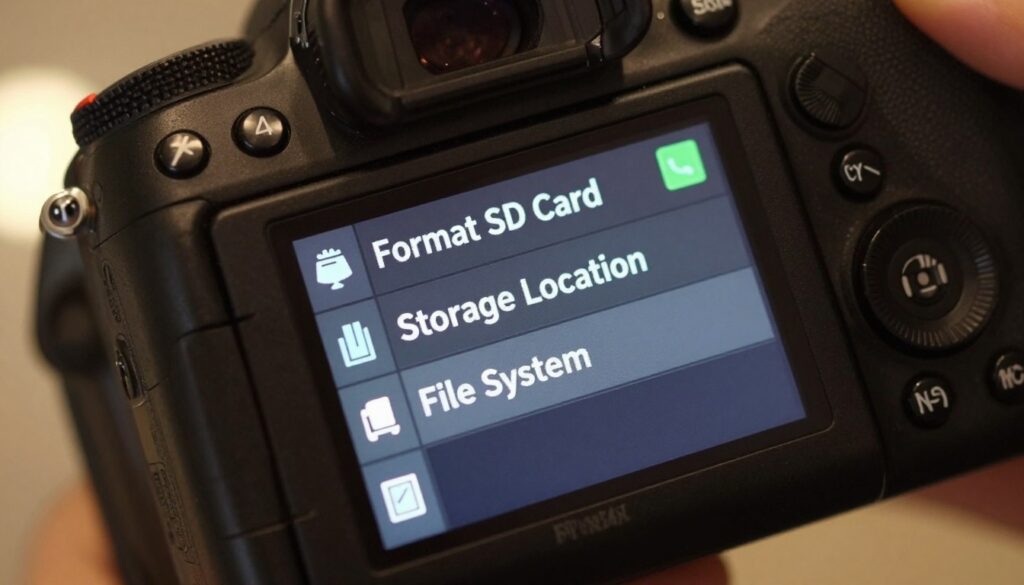 A close-up view of a modern digital camera menu screen, prominently displaying the storage settings interface. In the foreground, a sleek camera body with tactile buttons is visible, glistening under soft, ambient light. The menu options like "Format SD Card", "Storage Location", and "File System" are clearly shown on the LCD screen with vivid icons and legible text. The background is softly blurred to maintain focus on the camera menu, hinting at a cozy workspace environment with a slight bokeh effect from ambient light sources. The scene conveys a sense of professionalism and accuracy, ideal for illustrating the positive experience of navigating camera settings. The angle is slightly tilted to focus on both the camera details and the menu. A close-up view of a modern digital camera menu screen, prominently displaying the storage settings interface. In the foreground, a sleek camera body with tactile buttons is visible, glistening under soft, ambient light. The menu options like "Format SD Card", "Storage Location", and "File System" are clearly shown on the LCD screen with vivid icons and legible text. The background is softly blurred to maintain focus on the camera menu, hinting at a cozy workspace environment with a slight bokeh effect from ambient light sources. The scene conveys a sense of professionalism and accuracy, ideal for illustrating the positive experience of navigating camera settings. The angle is slightly tilted to focus on both the camera details and the menu.