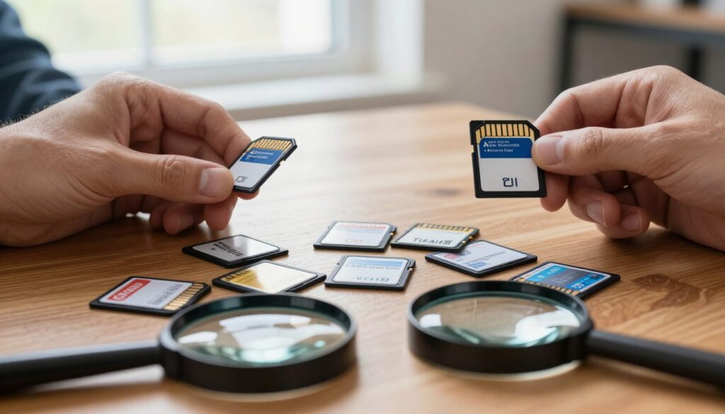 A close-up view of a variety of SD cards laid out on a polished wooden table, highlighting both genuine and fake cards. In the foreground, a slightly open magnifying glass reveals intricate details on the card labels, such as brand names and storage capacities. The middle ground features a pair of hands, one holding a real SD card and the other a counterfeit, examining them closely for discrepancies. In the background, a soft-focus window allows natural light to flood the scene, creating a warm and inviting atmosphere. The image captures a sense of scrutiny and focus, emphasizing the importance of careful inspection. The overall mood is serious yet informative, ideal for educational purposes. A close-up view of a variety of SD cards laid out on a polished wooden table, highlighting both genuine and fake cards. In the foreground, a slightly open magnifying glass reveals intricate details on the card labels, such as brand names and storage capacities. The middle ground features a pair of hands, one holding a real SD card and the other a counterfeit, examining them closely for discrepancies. In the background, a soft-focus window allows natural light to flood the scene, creating a warm and inviting atmosphere. The image captures a sense of scrutiny and focus, emphasizing the importance of careful inspection. The overall mood is serious yet informative, ideal for educational purposes.