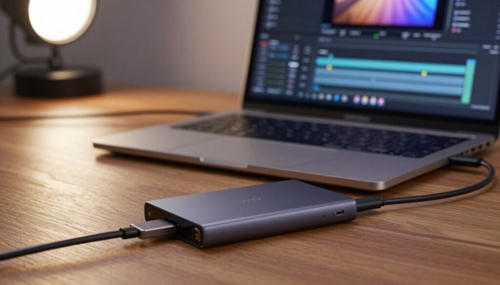 A close-up view of an external SSD, elegantly positioned on a wooden desk, surrounded by high-quality production equipment including a laptop and cables, showcasing a USB-C connection. In the foreground, highlight the SSD with its sleek, modern design and subtle glow indicating active data transfer. In the middle ground, include a laptop screen displaying a video editing software interface, illustrating post-production work. The background features softly blurred studio lights to create a warm, professional atmosphere. Use gentle, ambient lighting to emphasize the tech's sophistication and efficiency, captured with a slightly tilted angle for a dynamic perspective. The overall mood should convey innovation and clarity, perfect for managing data transfer and enhancing efficiency in post-production.