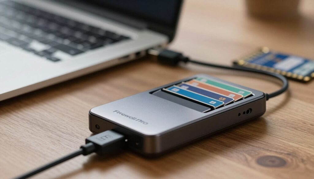 A close-up view of the Freewell Pro card reader on a wooden desk, showcasing its sleek design and multiple card slots. The foreground features the card reader, highlighted by gentle, diffused overhead lighting that enhances its glossy finish. In the middle ground, a USB-C cable is connected to the reader, emphasizing its modern functionality. Soft bokeh effects blur the background, which includes a laptop and a few scattered memory cards, creating a tech-friendly atmosphere. The overall mood is one of efficiency and professionalism, ideal for photo and video enthusiasts. This composition captures both the product's features and the workflow of visual creators, with a focus on clarity and style.