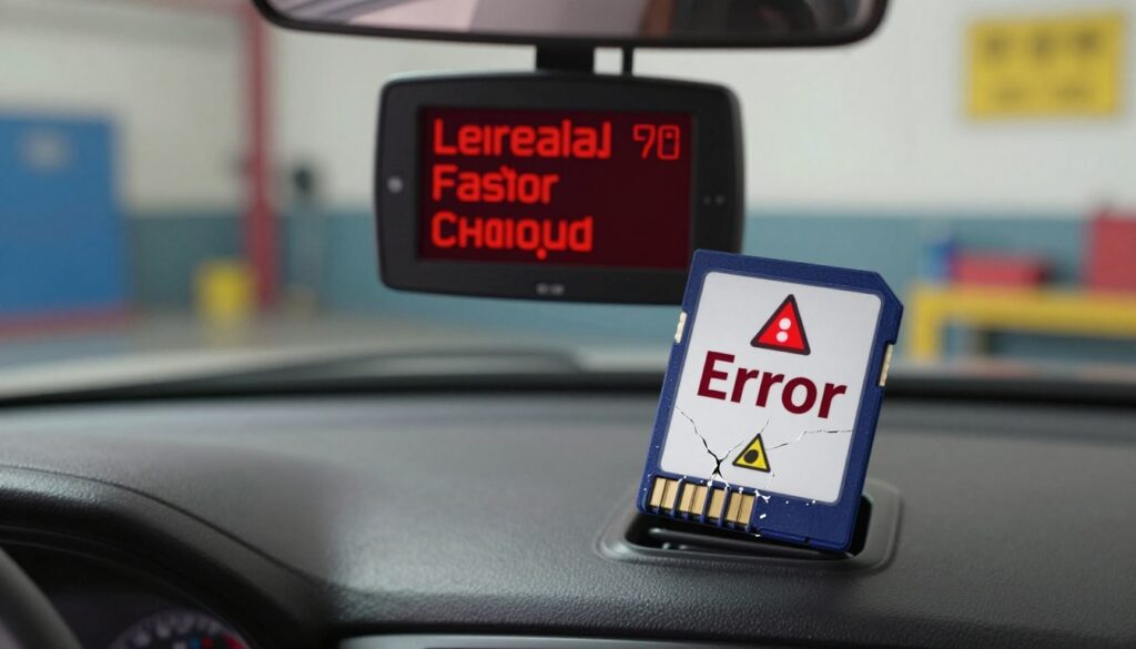 A close-up view of various dash cam signs indicating memory card failure. In the foreground, a cracked memory card partially inserted into a dash cam, surrounded by warning symbols such as a flashing red LED and an 'Error' alert icon. In the middle ground, a blurred dashboard, with a focus on a digital display showing warning messages. The background features an indoor setting resembling an automotive maintenance workshop, with tools and spare parts subtly visible. The lighting is bright but slightly diffused, casting gentle shadows to emphasize the signs of failure. The mood is serious yet informative, aiming to highlight the importance of recognizing memory card issues in automotive recording devices.