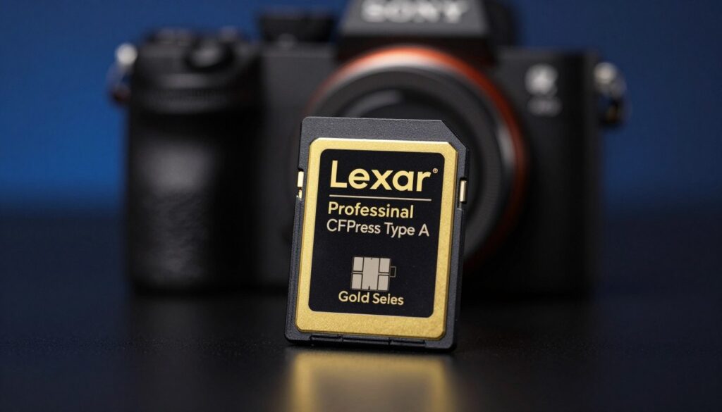 A detailed close-up image of the Lexar Professional CFexpress Type A Gold Series card, prominently displayed on a sleek, dark surface that emphasizes its high-end design. In the foreground, the card should be centered, showcasing its gold accents, distinctive branding, and intricate chip details. The middle ground features a blurred representation of a Sony Alpha camera body, hinting at the compatibility and utility of the card for photographers. The background is softly lit with a gradient of deep blue and black, evoking a professional atmosphere. Use soft, focused lighting to highlight the card’s glossy finish and texture, creating a mood of sophistication and reliability. Capture the scene from a slight angle to add depth and dimension, ensuring no text or distractions are present. A detailed close-up image of the Lexar Professional CFexpress Type A Gold Series card, prominently displayed on a sleek, dark surface that emphasizes its high-end design. In the foreground, the card should be centered, showcasing its gold accents, distinctive branding, and intricate chip details. The middle ground features a blurred representation of a Sony Alpha camera body, hinting at the compatibility and utility of the card for photographers. The background is softly lit with a gradient of deep blue and black, evoking a professional atmosphere. Use soft, focused lighting to highlight the card’s glossy finish and texture, creating a mood of sophistication and reliability. Capture the scene from a slight angle to add depth and dimension, ensuring no text or distractions are present.