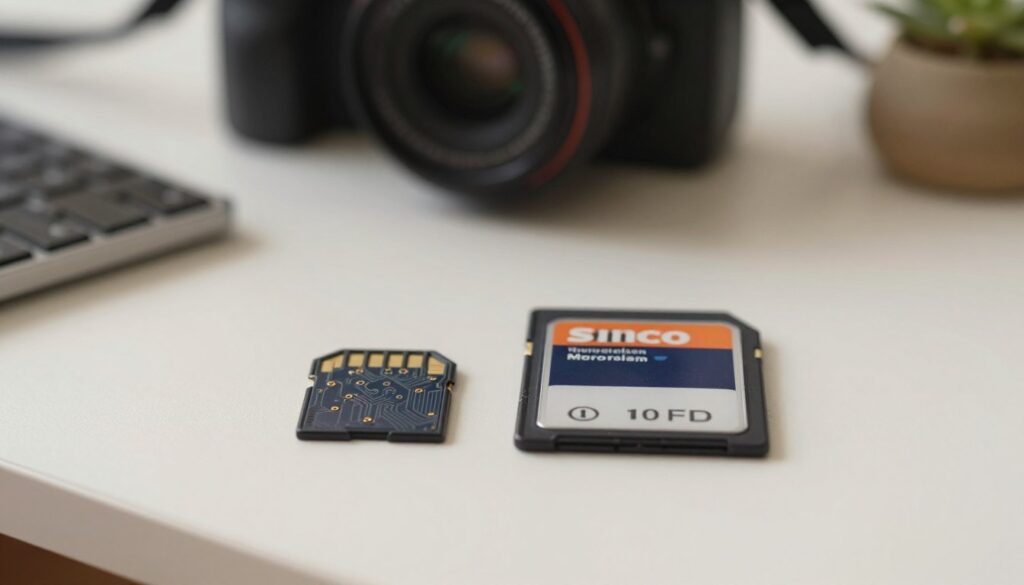 A detailed composition of a Micro SD card and a full-size SD card placed side by side on a clean, modern desk. The Micro SD card is small and sleek, with visible circuit lines, while the full-size SD card showcases a more robust design with branding. In the background, a blurred digital camera can be seen, hinting at their connection to photography. Soft, natural lighting illuminates the scene, creating a warm atmosphere. The image should be captured from a slight overhead angle, highlighting the size difference clearly. There are no text overlays or watermarks, allowing the focus to remain solely on the memory cards and their respective details. A detailed composition of a Micro SD card and a full-size SD card placed side by side on a clean, modern desk. The Micro SD card is small and sleek, with visible circuit lines, while the full-size SD card showcases a more robust design with branding. In the background, a blurred digital camera can be seen, hinting at their connection to photography. Soft, natural lighting illuminates the scene, creating a warm atmosphere. The image should be captured from a slight overhead angle, highlighting the size difference clearly. There are no text overlays or watermarks, allowing the focus to remain solely on the memory cards and their respective details.