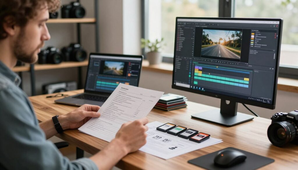 A detailed workspace scene featuring a professional videographer analyzing SD cards and their capacity requirements for high-resolution 4K and 8K video recording. In the foreground, a modern wooden desk with open SD card packages, charts showing storage capacities, and a high-resolution monitor displaying video footage statistics. The middle layer includes a focused videographer in smart casual attire, examining a data sheet with concentration, while a laptop with video editing software runs in the background. The background features softly blurred shelves lined with camera equipment and various SD card brands, all illuminated by warm, natural light coming through a large window. The atmosphere is one of professionalism and meticulous attention to detail, creating a sense of technological precision and creativity. A detailed workspace scene featuring a professional videographer analyzing SD cards and their capacity requirements for high-resolution 4K and 8K video recording. In the foreground, a modern wooden desk with open SD card packages, charts showing storage capacities, and a high-resolution monitor displaying video footage statistics. The middle layer includes a focused videographer in smart casual attire, examining a data sheet with concentration, while a laptop with video editing software runs in the background. The background features softly blurred shelves lined with camera equipment and various SD card brands, all illuminated by warm, natural light coming through a large window. The atmosphere is one of professionalism and meticulous attention to detail, creating a sense of technological precision and creativity.