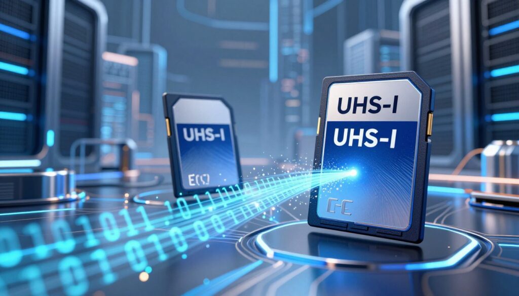 A futuristic data transfer scene portraying advanced digital data flowing between two SD cards, one labeled UHS-I and the other UHS-II. In the foreground, the cards are positioned prominently, with glowing lines of data represented as streams of binary code and luminous particles zipping between them, suggesting speed and efficiency. The middle ground features a sleek, high-tech environment with abstract representations of circuits and data processing units, illuminated by cool blue and silver lighting to convey a modern, digital atmosphere. The background includes a blurred cityscape of server towers, creating a sense of vast technological advancement. The overall mood is energetic and innovative, symbolizing the rapid exchange of data and the performance differences between the two card types.