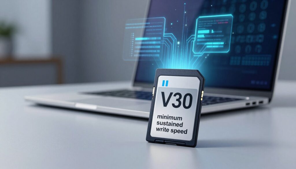 A high-tech scene illustrating the concept of "V30 minimum sustained write speed" with a sleek, modern SD card prominently displayed in the foreground. The SD card should have clear markings indicating "V30" and appear slightly angled to showcase its design. In the middle ground, include a laptop on a clean, minimalist desk, with graphics or data transfer animations projected above it, symbolizing high-speed data processing. The background should be softly blurred, featuring abstract digital elements like binary code or circuit patterns, creating a tech-savvy ambiance. Soft, ambient lighting should enhance the focus on the SD card and the laptop, with a slight shadow to convey depth. The overall mood should feel innovative and professional, effectively communicating the essence of V30 performance. A high-tech scene illustrating the concept of "V30 minimum sustained write speed" with a sleek, modern SD card prominently displayed in the foreground. The SD card should have clear markings indicating "V30" and appear slightly angled to showcase its design. In the middle ground, include a laptop on a clean, minimalist desk, with graphics or data transfer animations projected above it, symbolizing high-speed data processing. The background should be softly blurred, featuring abstract digital elements like binary code or circuit patterns, creating a tech-savvy ambiance. Soft, ambient lighting should enhance the focus on the SD card and the laptop, with a slight shadow to convey depth. The overall mood should feel innovative and professional, effectively communicating the essence of V30 performance.