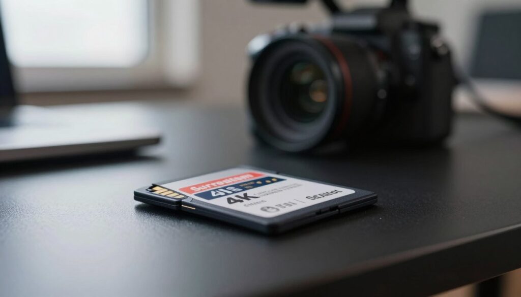 A highly detailed, close-up image of a reliable SD card resting on a sleek, professional-looking black surface. The SD card features visible branding and specifications, showcasing its capacity for 4K and 8K video recording. In the foreground, soft, diffused lighting highlights the card's texture and design, while a subtle reflection enhances its glossy surface. The middle ground features a slightly out-of-focus camera and video equipment, hinting at the tools of a videographer. The background should be softly blurred to evoke a studio environment, filled with gentle light to create a calm and focused atmosphere. The overall mood is one of professionalism and reassurance, symbolizing safety and reliability for data storage. A highly detailed, close-up image of a reliable SD card resting on a sleek, professional-looking black surface. The SD card features visible branding and specifications, showcasing its capacity for 4K and 8K video recording. In the foreground, soft, diffused lighting highlights the card's texture and design, while a subtle reflection enhances its glossy surface. The middle ground features a slightly out-of-focus camera and video equipment, hinting at the tools of a videographer. The background should be softly blurred to evoke a studio environment, filled with gentle light to create a calm and focused atmosphere. The overall mood is one of professionalism and reassurance, symbolizing safety and reliability for data storage.