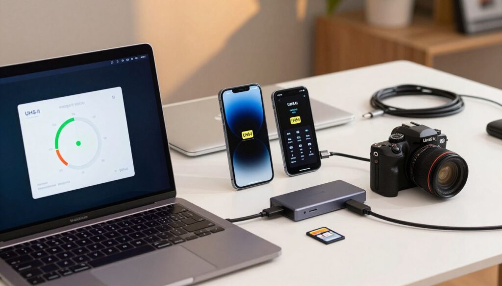 A modern digital workspace featuring various devices displaying UHS-II compatibility indicators. In the foreground, a sleek laptop with a detailed screen showcasing a storage speed test window, highlighting the UHS-II label. Beside it, a smartphone and a compact camera, both with visible camera specifications that mention UHS-II support. The middle ground consists of a clean desktop with organized tech accessories, such as SD cards, a USB hub, and a data cable for context. The background is softly blurred, with warm lighting illuminating the scene, creating a professional and focused atmosphere. The camera angle captures the devices at eye level, enhancing their technical sophistication while maintaining a clear, informative composition.