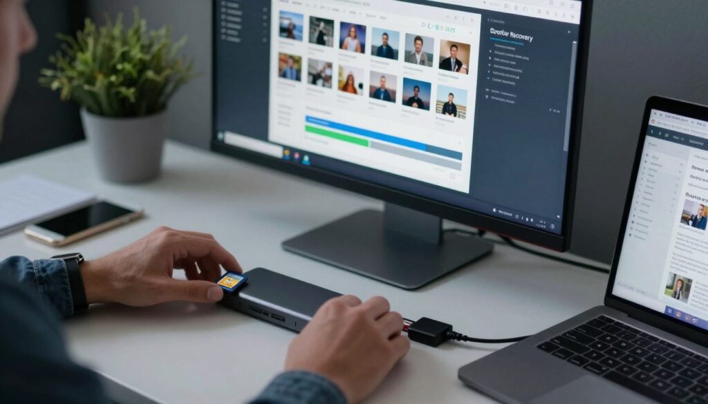 A sleek and modern computer desk setup, featuring a high-resolution monitor displaying an intuitive data recovery software interface. In the foreground, a close-up view of a hands-on action where a professional, dressed in smart casual attire, is carefully connecting an SD card reader to a laptop, symbolizing the recovery process. The atmosphere is focused and determined, with soft, cool lighting illuminating the workspace, creating a contrast with a slightly blurred background of office supplies and a potted plant. The scene conveys a sense of technology and precision, with a clear emphasis on the software interface showcasing lost photo thumbnails and recovery progress bars, encapsulating the essence of recovering lost photos. The angle is slightly elevated, offering a comprehensive view of the desktop activity. A sleek and modern computer desk setup, featuring a high-resolution monitor displaying an intuitive data recovery software interface. In the foreground, a close-up view of a hands-on action where a professional, dressed in smart casual attire, is carefully connecting an SD card reader to a laptop, symbolizing the recovery process. The atmosphere is focused and determined, with soft, cool lighting illuminating the workspace, creating a contrast with a slightly blurred background of office supplies and a potted plant. The scene conveys a sense of technology and precision, with a clear emphasis on the software interface showcasing lost photo thumbnails and recovery progress bars, encapsulating the essence of recovering lost photos. The angle is slightly elevated, offering a comprehensive view of the desktop activity.