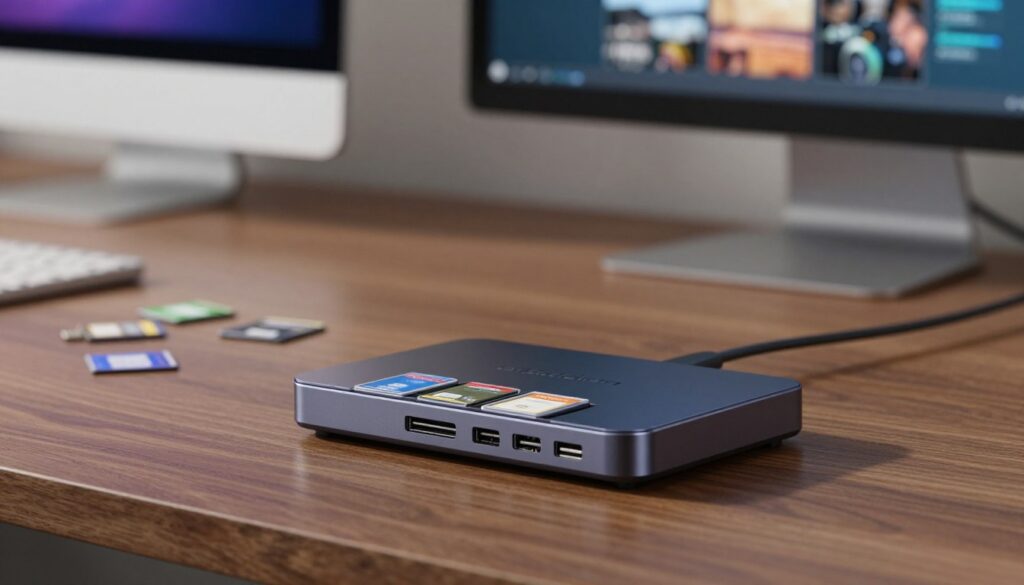 A sleek, modern USB-C memory card reader prominently displayed in the foreground, showcasing its multiple slots for various memory card types, highlighted against a rich wood desk surface. The card reader is well-lit, with soft, diffused lighting enhancing its glossy finish and emphasizing the ports, inviting users to explore its functionality. In the middle ground, a few memory cards of different formats are scattered, symbolizing multi-card support, surrounded by a subtle blur to keep the focus on the reader. The background features a softly blurred computer monitor displaying images being offloaded, creating a harmonious workspace atmosphere. The overall mood is professional and efficient, ideal for photographers and videographers looking to streamline their workflow.