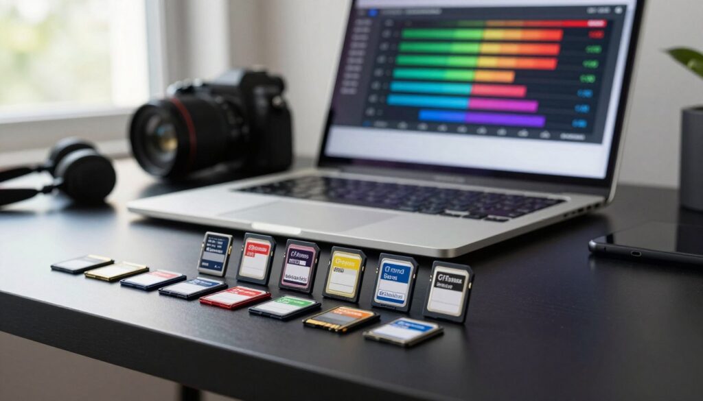 A visually striking comparison of SD cards and CFexpress cards displayed on a sleek modern workspace. In the foreground, a variety of memory cards are artfully arranged on a glossy black surface, showcasing their distinct shapes and sizes. In the middle ground, an open laptop screen displays a detailed speed comparison chart, highlighting read and write speeds in vibrant colors. The background features soft-focus elements like a blurred camera body and lens, indicating the gear compatibility aspect. Natural daylight filters in from a nearby window, creating a bright and professional atmosphere. The mood is one of clarity and precision, inviting the viewer to consider their camera gear upgrades. The composition uses a slight angle to add depth, ensuring a clean and organized presentation with no text or distractions.